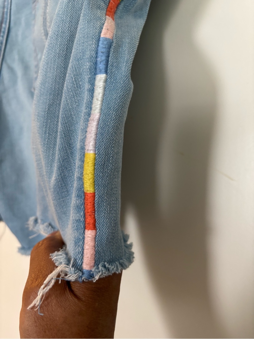 Seven7 Light Blue raw hem weekend shorts with Multicolor Embroidered Side Stripe